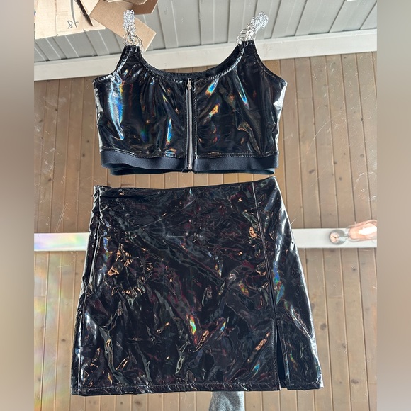 Black Holographic vinyl Cut Out Tie Mini Skirt & Bralet